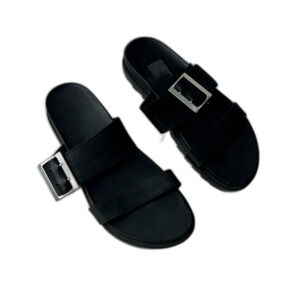 Sorel Womens Slip-on Roaming Buckle Black Leather Slide Sandals Size 9.5